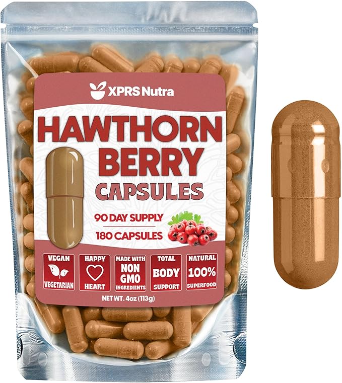 XPRS Nutra Hawthorn Berry Capsules - 180 Count (90 Day Supply) of Premium Hawthorne Berry Capsules for Cardiovascular Support - Vegan Friendly Hearth Health Supplement