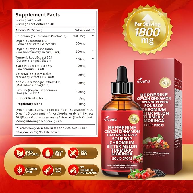 14-in-1 Berberine with Ceylon Cinnamon Supplement Liquid Drops, 1800mg + 30:1 Liposomal Tech with Cayenne Pepper, Soursop, Chromium, Bitter Melon, Turmeric, Moringa, Gymnema, Glucomannan, GLP Support