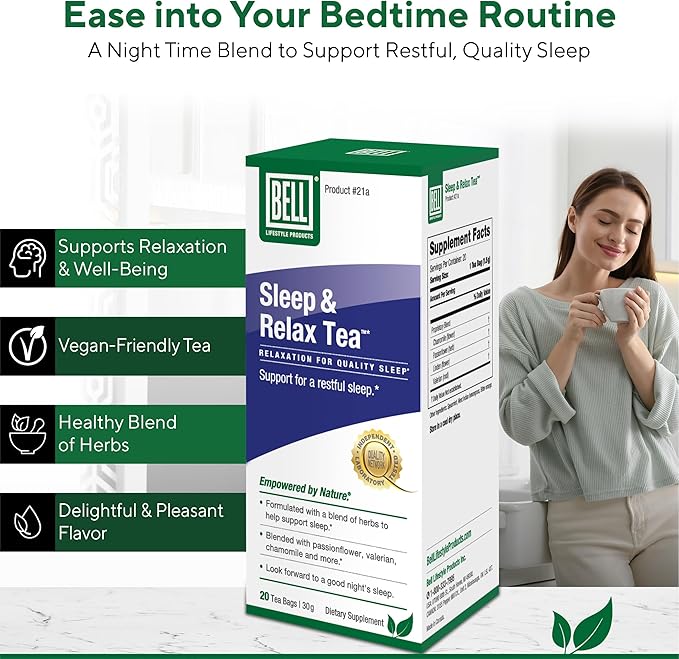 Bell Lifestyle Sleep & Relax Herbal Tea - Night Time Blend with Chamomile, Passionflower, Linden, Valerian, 100% Natural, Vegan, Caffeine-Free - 20 Tea Bags