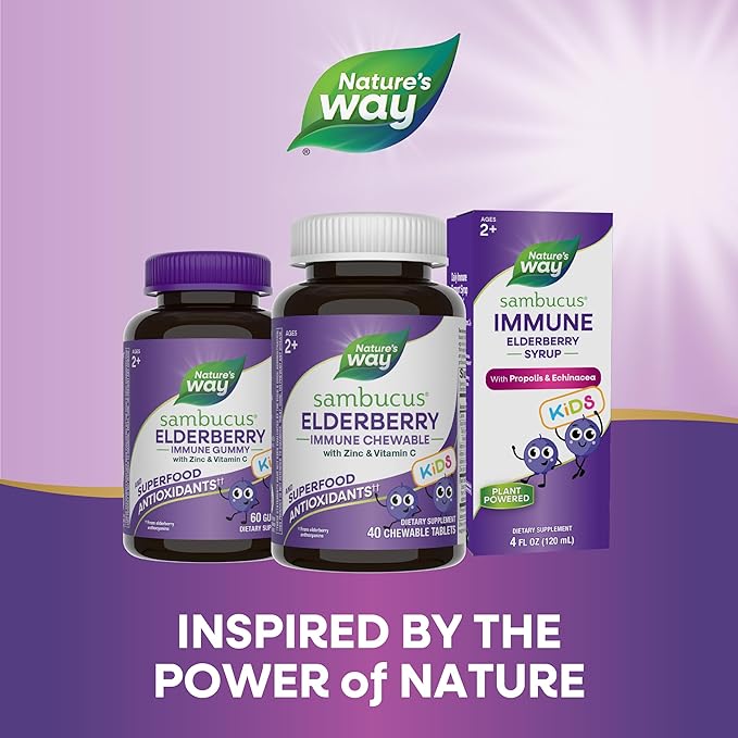 Nature's Way Sambucus Elderberry Immune Chewable for Kids, Ages 2+, Immune Support*, Vitamin C, Zinc, with Superfood Antioxidants(1), Gluten Free, 40 Chewable Tablets (Packaging May Vary)
