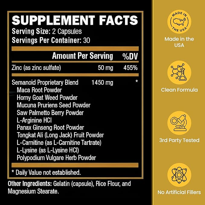 SEMANOID (60 Caps) Maximum Fertility Formula and Semen Volumizer - Advanced Fertility Ingredients and Male Prenatal Vitamin Blend, 1 Month Supply