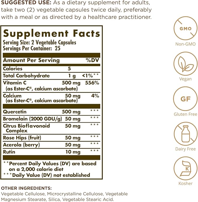 Solgar Quercetin Complex with Ester-C Plus - 50 Vegetable Capsules - Immune Health Support - Gentle on The Stomach Vitamin C - Non-GMO, Vegan, Gluten Free, Kosher - 25 Servings