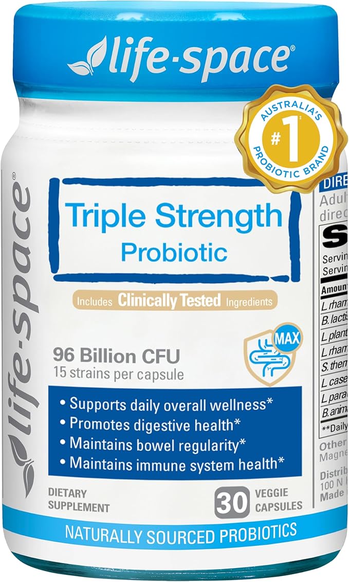 Life-Space Triple Strength Broad Spectrum Probiotic, 96 Billion CFU & 15 Diverse Strains, Advanced Formulated for Digestive Health & Immune Health, Probiotics for Women & Men - 30 Veg Capsules