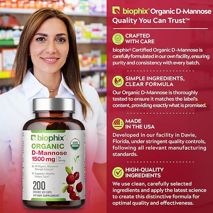 biophix D-Mannose USDA Organic 1500 mg 200 Veggie Caps - Supports a Healthy Bladder Urinary Tract, Non-GMO, Vegan-Friendly