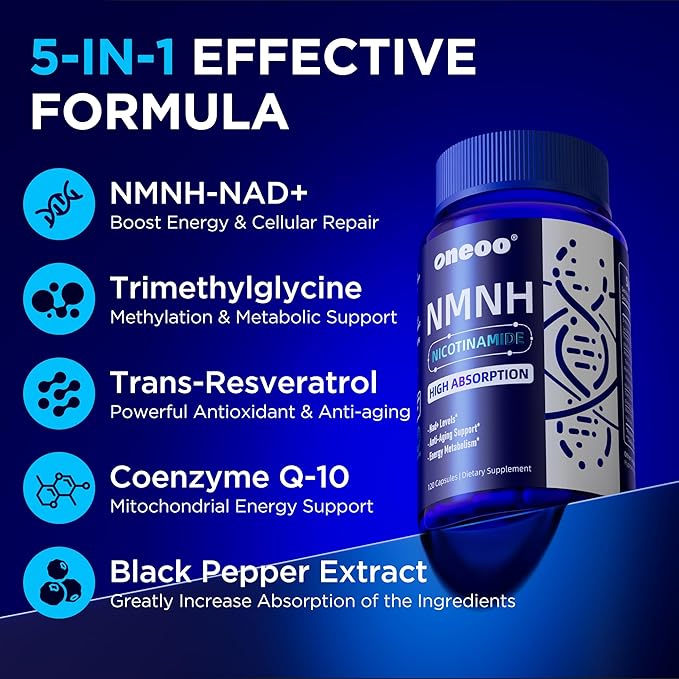 NMNH Supplement with NAD Supplement Maximum Potency with Resveratrol & Pterostilbene, CoQ10 & Black Pepper, for Cellular Energy, Anti-Aging Support, Sirtuin Activation & Methylation Support, 120