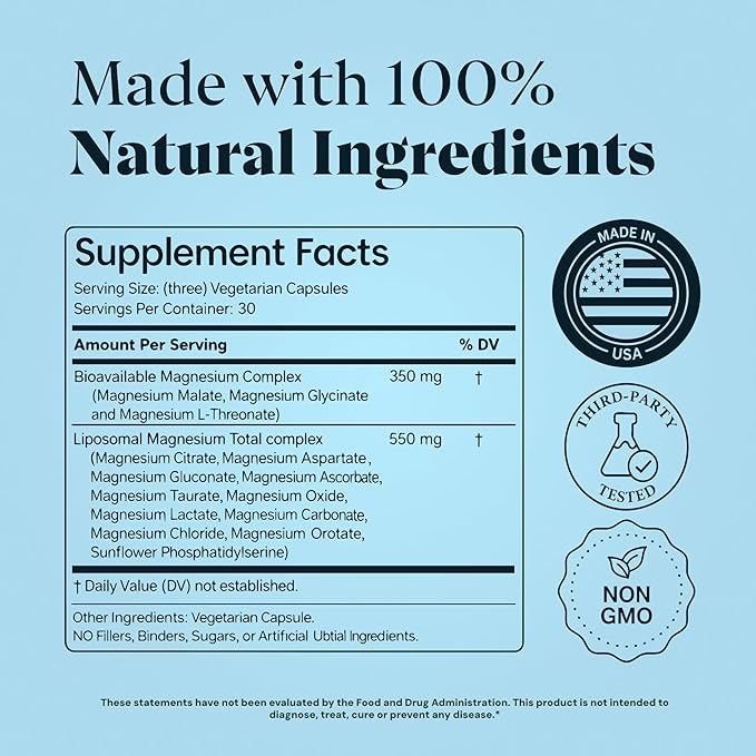 Magnesium Complex for Women & Men, 1000mg – MAGPLUS+ 13-in-1 Advanced Liposomal Ultra Formula – Glycinate, L-Threonate & Triple Magnesium Blend – Brain, Memory & Deep Sleep – 90 Capsules