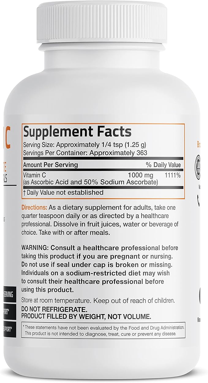 Bronson Buffered Vitamin C Powder Ascorbic Acid Buffered with Sodium Ascorbate Soluble Fine Crystals – Promotes Healthy Immune System and Cell Protection – Powerful Antioxidant - 1 Pound (16 Ounces)