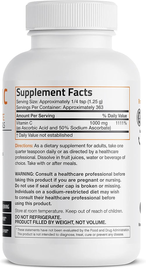 Bronson Buffered Vitamin C Powder Ascorbic Acid Buffered with Sodium Ascorbate Soluble Fine Crystals – Promotes Healthy Immune System and Cell Protection – Powerful Antioxidant - 1 Pound (16 Ounces)
