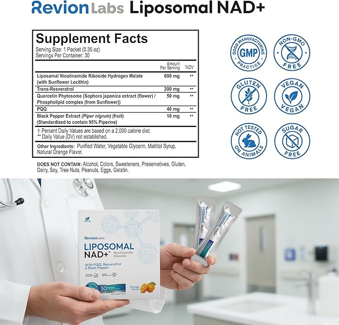 Liposomal NAD+ Liquid Packets - Liposomal Nicotinamide Riboside Resveratrol PQQ for Cellular Health Energy Focus & Healthy Aging