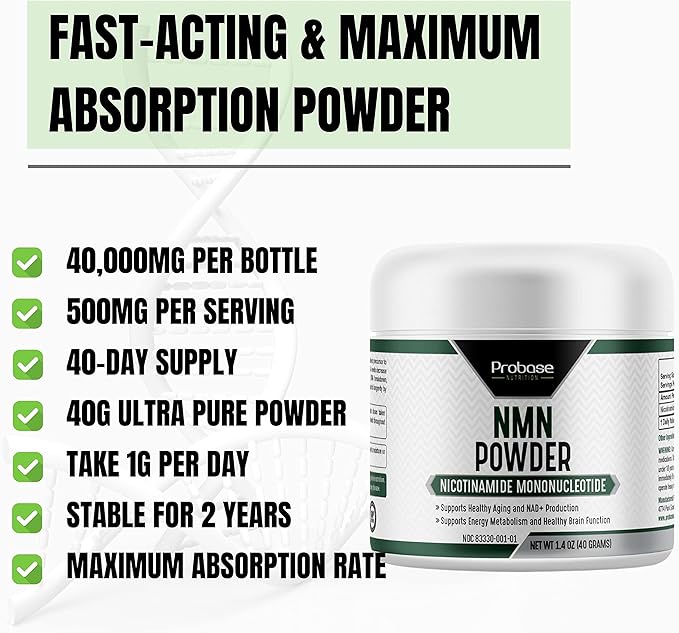 Probase Nutrition Longevity Pure NMN Powder 40 Grams - Ultra-Pure, Fully Stabilized, Pharmaceutical Grade NMN to Boost NAD+, Nicotinamide Mononucleotide Powder Supplement