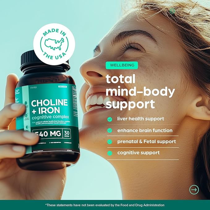 Thinbi Choline 500mg Prenatal Supplement with Iron 40mg – Prenatal Vitamins for Women – Pregnancy Brain, Memory & Cognitive Support – Ferrous Fumarate, Vegan – 30 Servings