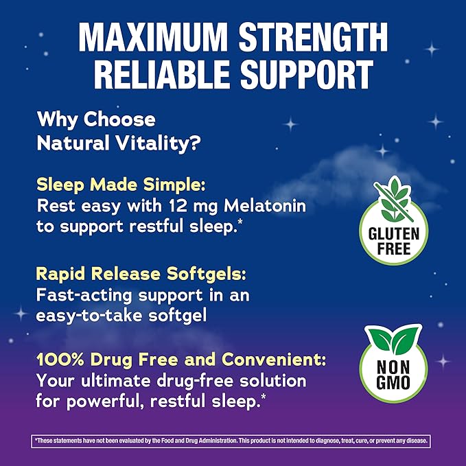 Natural Vitality Melatonin Softgels | 12mg Maximum Strength Supplement | 100% Drug Free | 120 Count