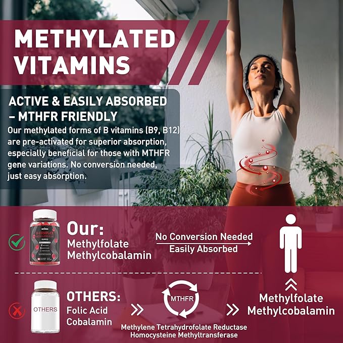 Nextdia Brain & Mood Support Gummies, Super Vitamin B Complex for Men & Women, All B Vitamin B1 B2 B3 B5 B6 B7 Folate MethyB12 with PABA, Inositol, Choline, Supports MTHFR Gene & Energy, Vegan, 120Ct