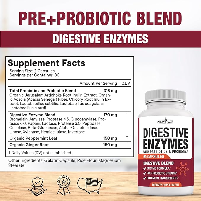 NEW AGE Digestive Enzymes for Gut Health - Probiotic Multi Enzymes with Prebiotics and Probiotics with Lipase for Women and Men for Digestive Health, Daily Enzymes for Digestion - 60 Count