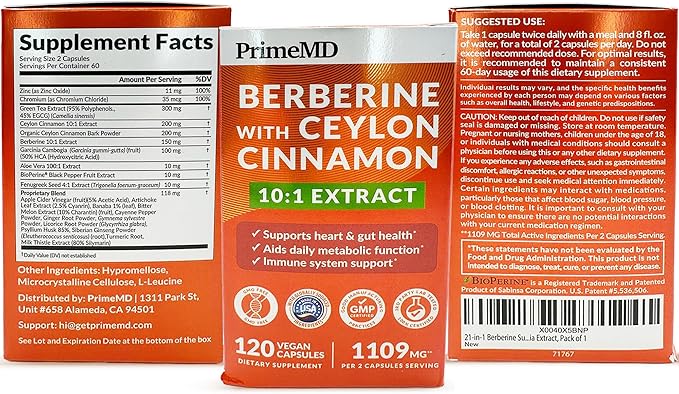 PrimeMD 21-in-1 Berberine Supplement with Ceylon Cinnamon with Chromium, Bitter Melon and Green Tea Extract and Black Pepper Extract for Energy (120 ct, Pack of 2)