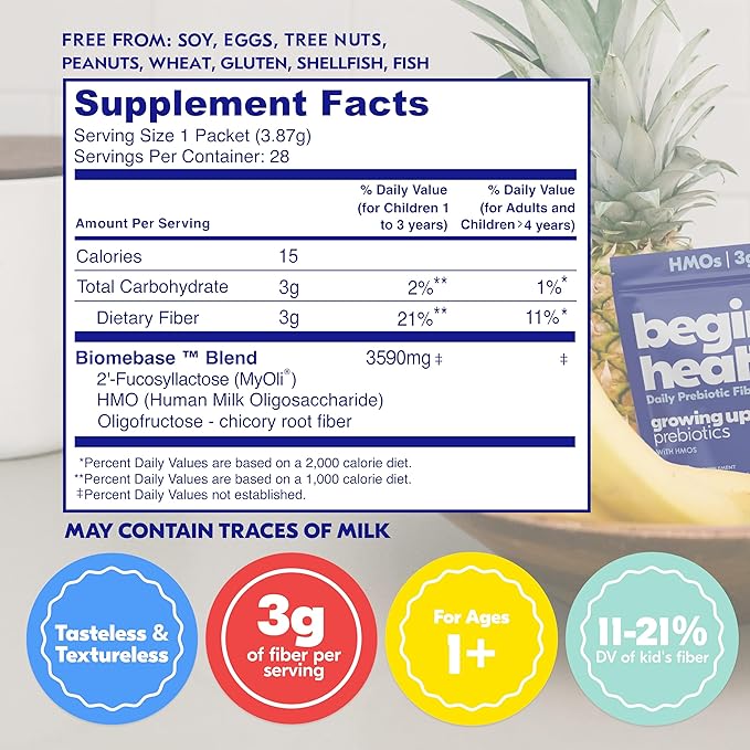 Begin Health Growing Up Prebiotics for Kids 28-Packs | Prebiotic Soluble Powder Stool Softeners and Digestive Gut Health Supplement | Ideal to Mix with Kids Daily Beverages and Soft Foods - Unflavored