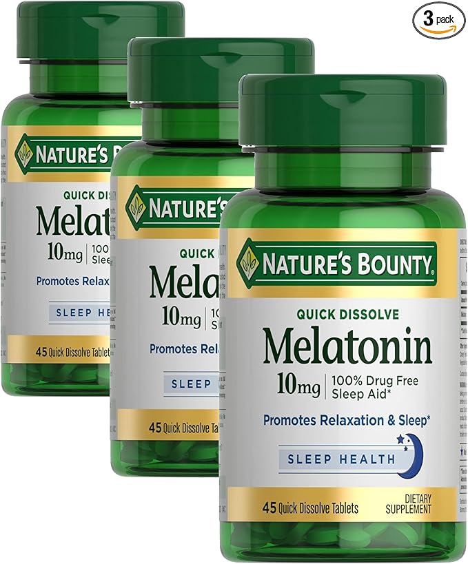 Nature's Bounty Melatonin, 100% Drug Free Sleep Aid, Dietary Supplement, Promotes Relaxation and Sleep Health, 10mg, 45 Quick Dissolve Tablets (Pack of 3)