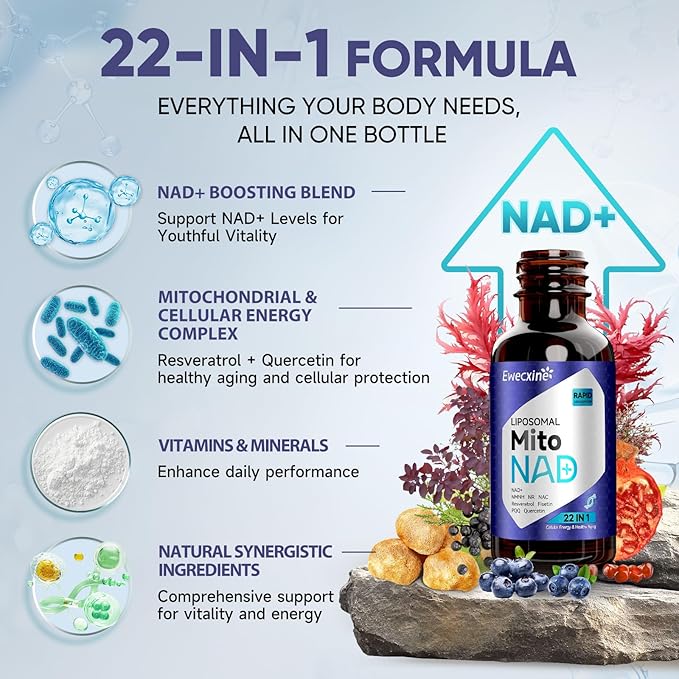 Liposomal NAD+ Liquid Drops, NAD+, NR & NMNH Supplement and Mitochondrial Health, 22-in-1 for Healthy Aging, Nerve & Energy Support, with Resveratrol, Quercetin, CoQ10 – for Women, 60ml