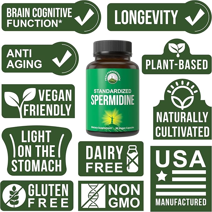 Spermidine Supplement Ultra High Strength Standardized to 99% Spermidine Trihydrochloride. More Potent Than Wheat Germ Extract. Vegan Capsules for Healthy Aging, Longevity. USA Tested Supplements