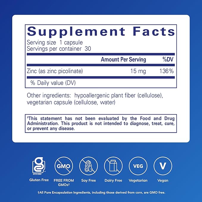 Pure Encapsulations Zinc 15 mg - Zinc Picolinate Supplement for Immune System Support, Growth & Development - for Wound Healing - 30 Capsules