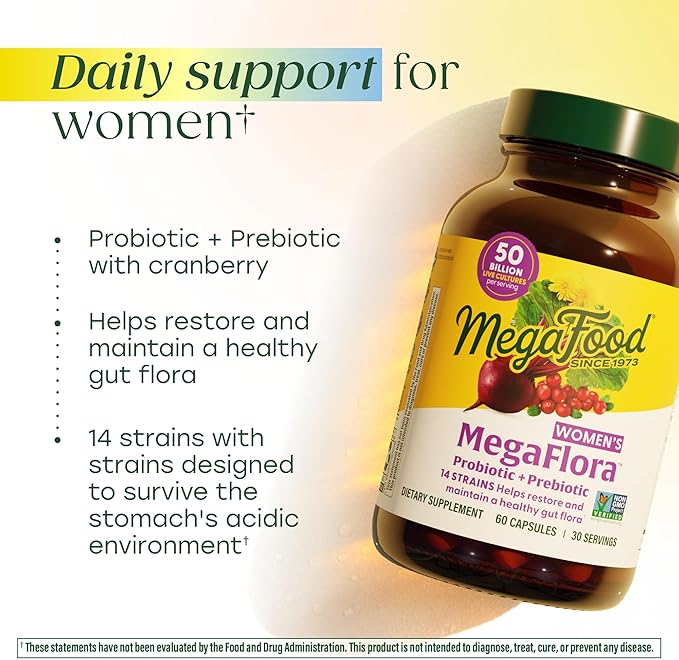 MegaFood MegaFlora Probiotics and Prebiotics for Women with 14 Strains & 50 Billion CFUs, Cranberry, Digestive Health, Vegetarian, Prebiotics and Probiotics for Women - 90 Capsules (45 Servings)