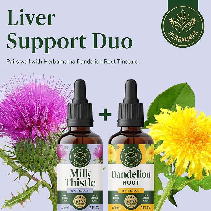 HERBAMAMA Milk Thistle Drops - Vegan Liver Support with Milk Thistle Extract Tincture - Non-GMO, Alcohol & Sugar-Free Liver Detox and Cleanse Supplement, 28-Day Supply