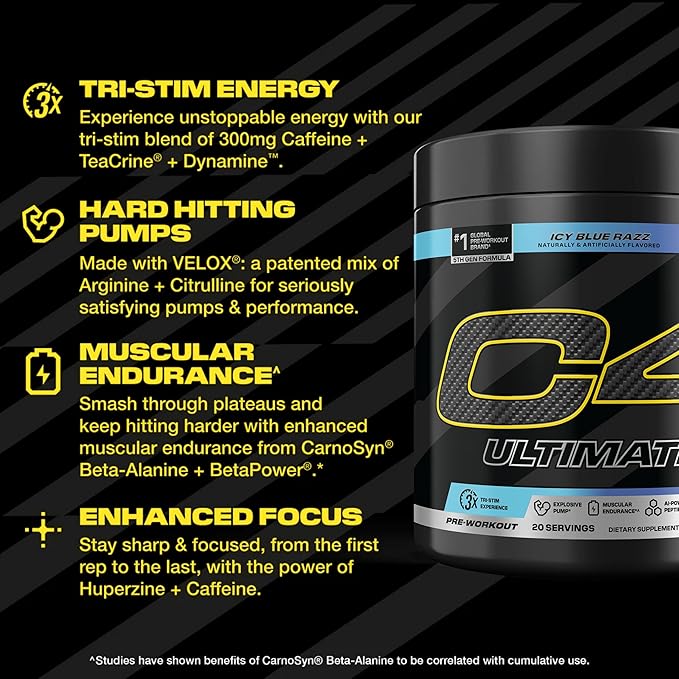 C4 Ultimate Pre Workout Powder ICY Blue Razz - Sugar Free Preworkout Energy Supplement for Men & Women - 300mg Caffeine + 3.2g Beta Alanine + 2 Patented Creatines - 20 Servings