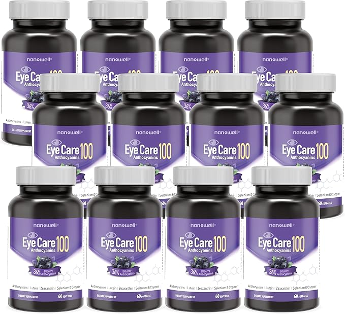 NANOWELL EyeCare Anthocyanins 100 - Eye Health Supplement with Bilberry, Zeaxanthin, Lutein, Anthocyanins, Vitamin A, E, Selenium & Copper - 60 Softgels, 60 Day Supply