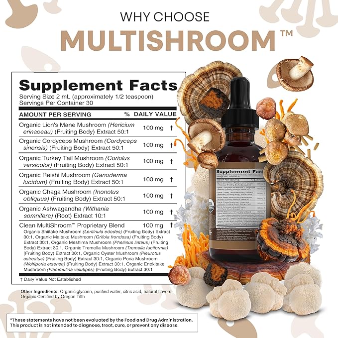 Mushroom Supplement Liquid Drops with Lions Mane Turkey Tail Cordyceps Reishi Chaga Shitake Maitake Tremella Oyster Mushrooms Poria Supplement and Enokitake Mushrooms Complex Blend by Clean Nutra