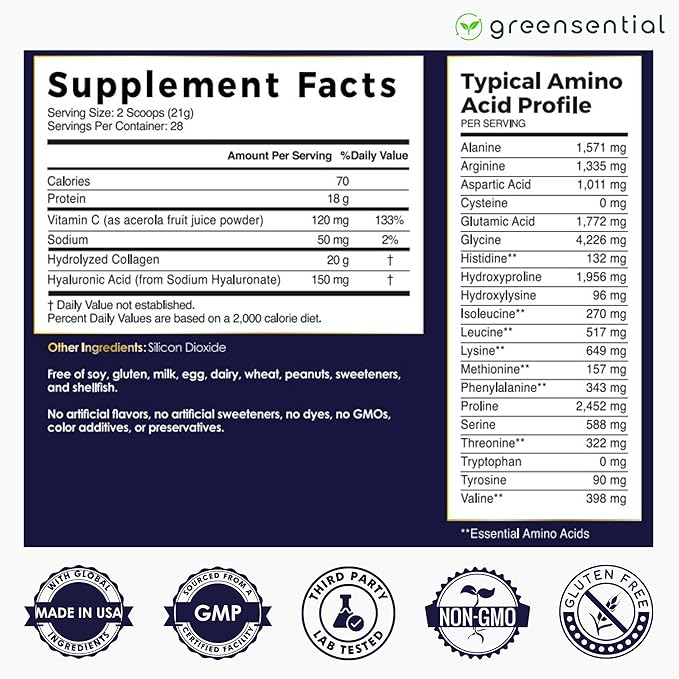 Greensential Collagen Peptides Plus Powder 21oz | + Acerola Vitamin C & Hyaluronic Acid | 100% Hydrolyzed Grass-Fed | Hair, Skin, Nail & Joint Support | Easy to Mix, Unflavored, 28 Servings
