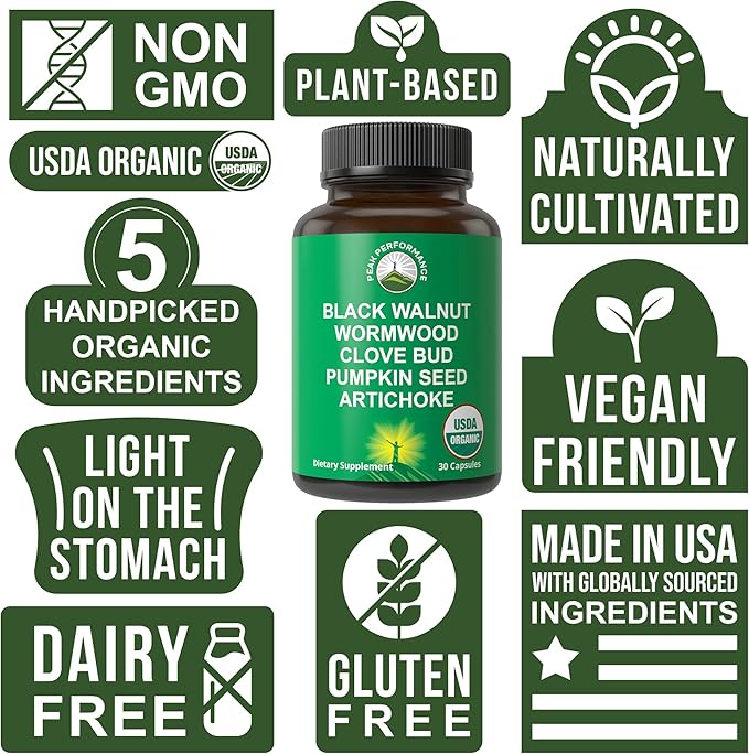 USDA Organic Wormwood Black Walnut Clove Cleanse for Humans. Elimination Detox + Intestinal Support Capsules Supplement for Adults and Kids. Pills with Artichoke and Pumpkin Seed for Added Benefits