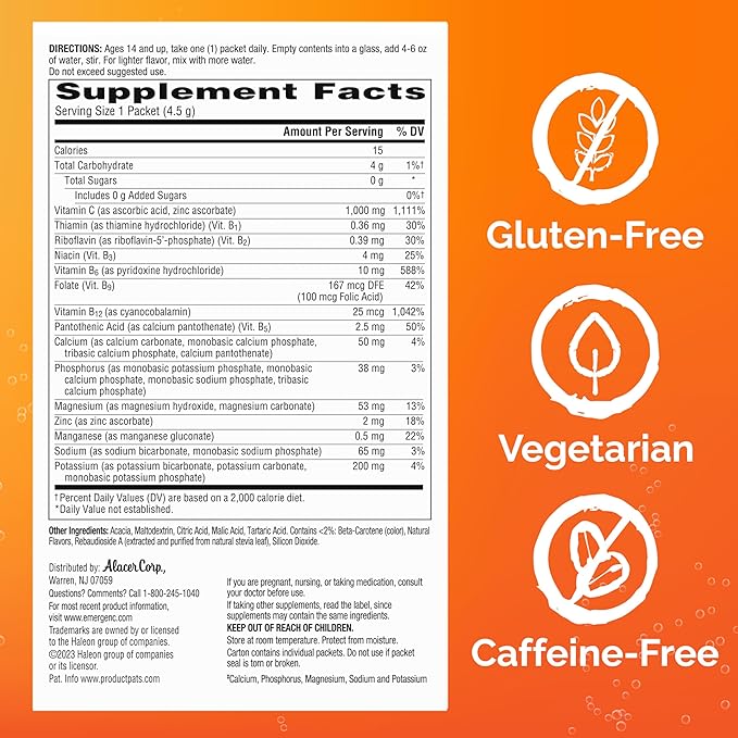 Emergen-C Zero Sugar 1000 mg Vitamin C Powder for Daily Immune Support Caffeine Free Vitamin C Supplements with Zinc & Manganese,B Vitamins&Electrolytes, Raspberry Lemonade Flavor 36 Count(Pack of 2)