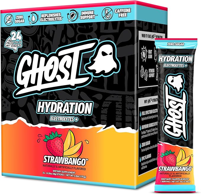 GHOST Hydration Sticks, Electrolyte Powder Packets, Strawbango - 24 Sugar Free Instant Electrolyte Drink Mix - Caffeine-Free Daily Hydration & Immune Support with Clean Formula