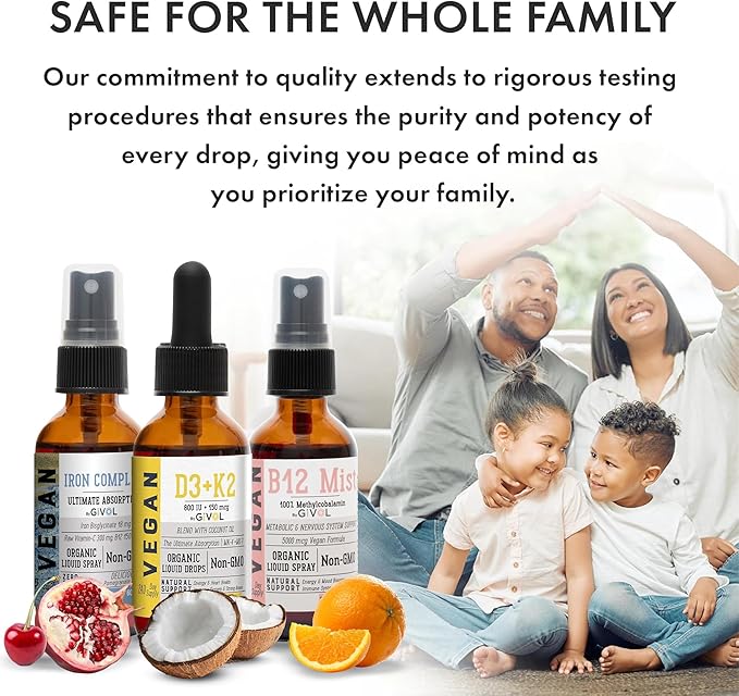 Energy & Vitality Bundle Liquid Vitamin Spray Trio - B12 Methylcobalamin, Iron Bisglycinate, and D3 (Lichen) & K2 (MK4 & MK7), Non-GMO, Gluten Free, Sugar-Free, 2 Fl Oz (60 ml) 540 Days Supply