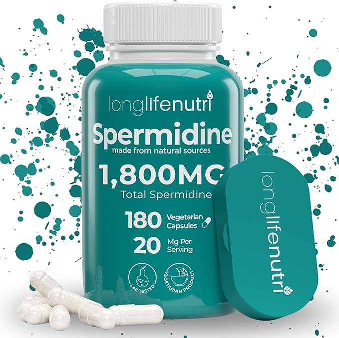 LongLifeNutri Spermidine 20mg, Supports Cellular Health & Brain Function - 180 Count, 2 Serving Size, Vegan Capsules, Wheat Germ Extract, Naturally Support Wellness, Lab Tested, Crafted in USA