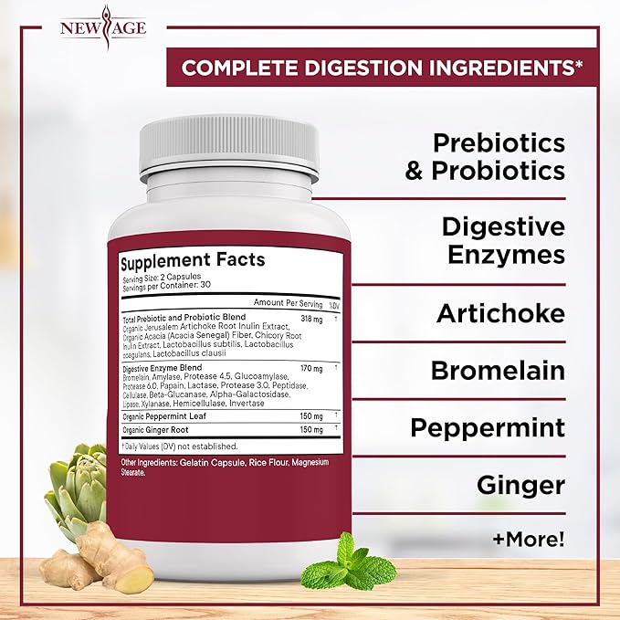 NEW AGE Digestive Enzymes for Gut Health - Probiotic Multi Enzymes with Prebiotics and Probiotics with Lipase for Women and Men for Digestive Health, Daily Enzymes for Digestion - 60 Count