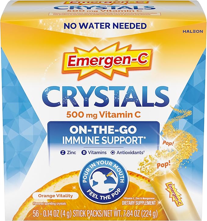 Emergen-C Crystals, On-the-Go Emergen-C Immune Support Supplement with Vitamin C, B Vitamins, Zinc and Manganese, Orange Vitality - 56 Stick Packs