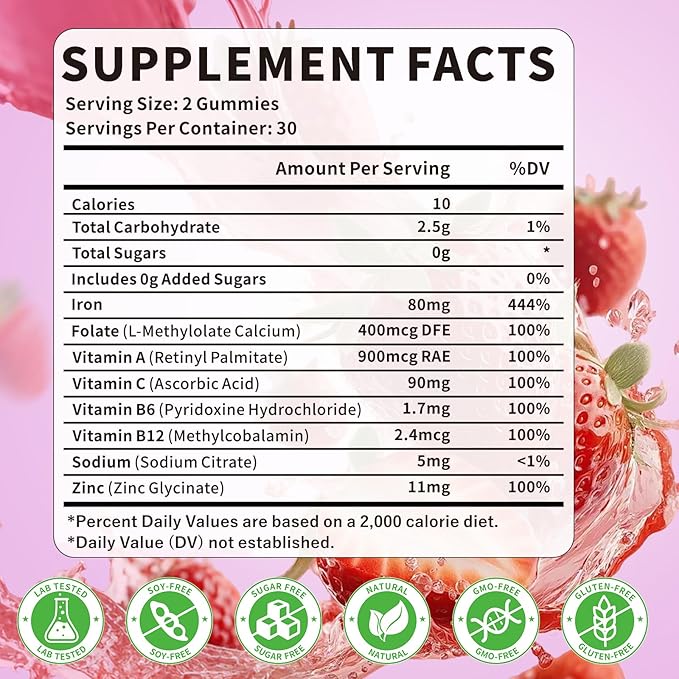 Iron Supplement Gummies for Women & Men, Vegan Iron Gummies with Vitamin C, A, B-Complex, Folate, Zinc for Blood Building & Energy Support, Strawberry Flavor, 120 Count