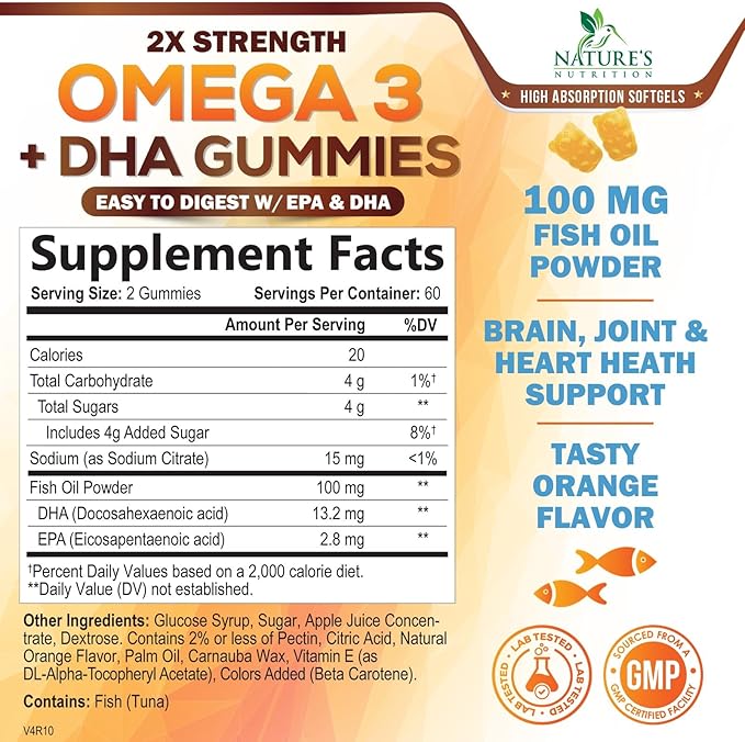 Omega 3 Fish Oil Gummies - Heart Healthy Omega 3 Gummy Supplement with High Absorption DHA & EPA, Extra Strength Joint & Brain Support, Delicious Orange Flavor Fish Oil Nature's Vitamin - 120 Gummies