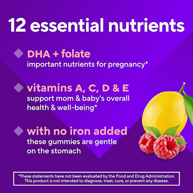 vitafusion PreNatal Gummy Vitamins, Raspberry Lemonade Flavor, Prenatal Vitamin Supplement for Women with Folate and DHA, 45 Day Supply, 90 Count