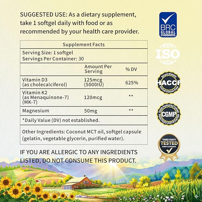 Vitamin D3 K2 5000 IU Softgels with Magnesium Supplement - & 120mcg MK-7 K2 for Bone Health & Immune Support - Non-GMO & Gluten-Free Softgels with MCT Oil- 30 Softgel