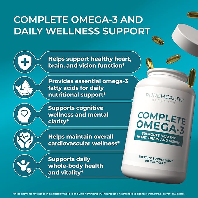 PUREHEALTH RESEARCH Complete Omega 3 Fish Oil Softgels - Omega-3 Fatty Acid Supplements for Women & Men - EPA DHA Supplement for Hearth, Brain & Vision Support - Non-GMO- 90 Soft Gels