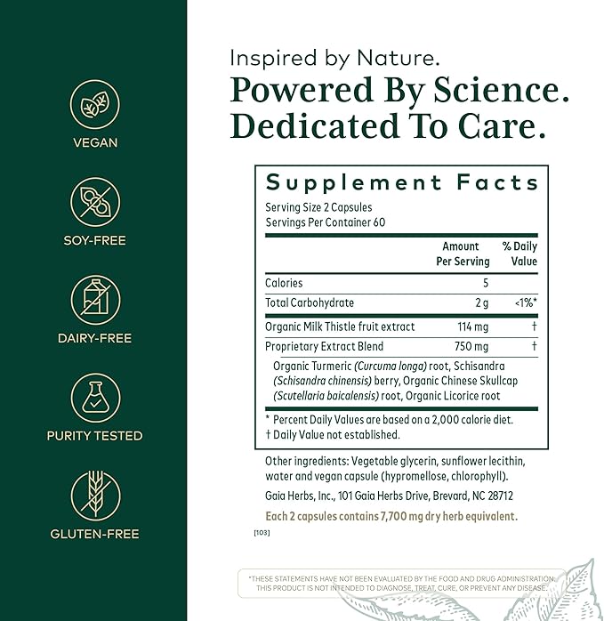 GAIA HERBS PRO Daily Liver Pro - Natural Liver Support - with Milk Thistle, Licorice Root, Turmeric Root & More - Vegan, Organic & Gluten-Free - 120 Liquid Phyto-Caps (60 Servings)