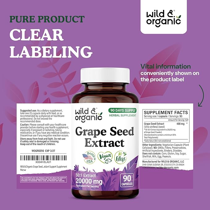 Wild & Organic Grape Seed Extract Capsules - Antioxidant Support - Grapeseed Extract 400 mg - 95% Polyphenols - 3 Month Supply - 90 Vegan Capsules - Non-GMO