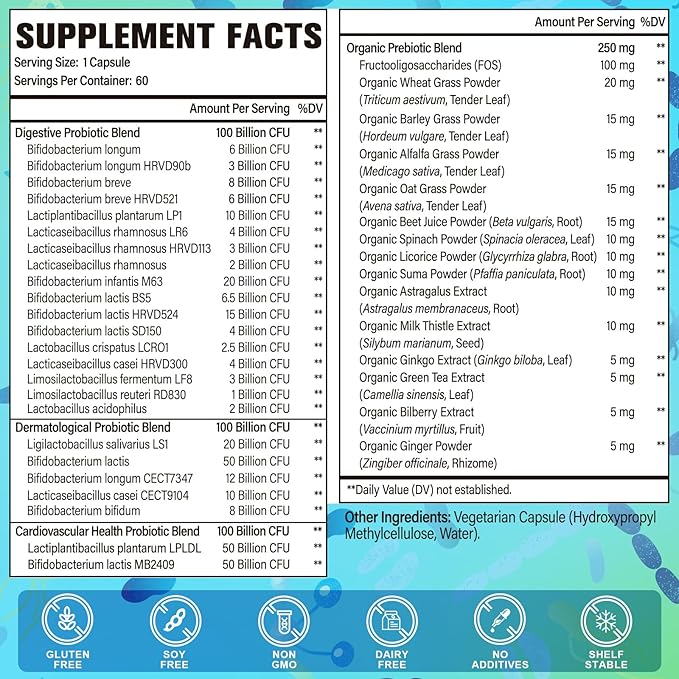 Probiotics for Women and Men, 300 Billion CFU, 24 Strains Probiotics with 15 Organic Herbs probiotics Blend, Probiotic Supplement for Digestive Gut Immune & Whole-Body Health -6 Month Supply