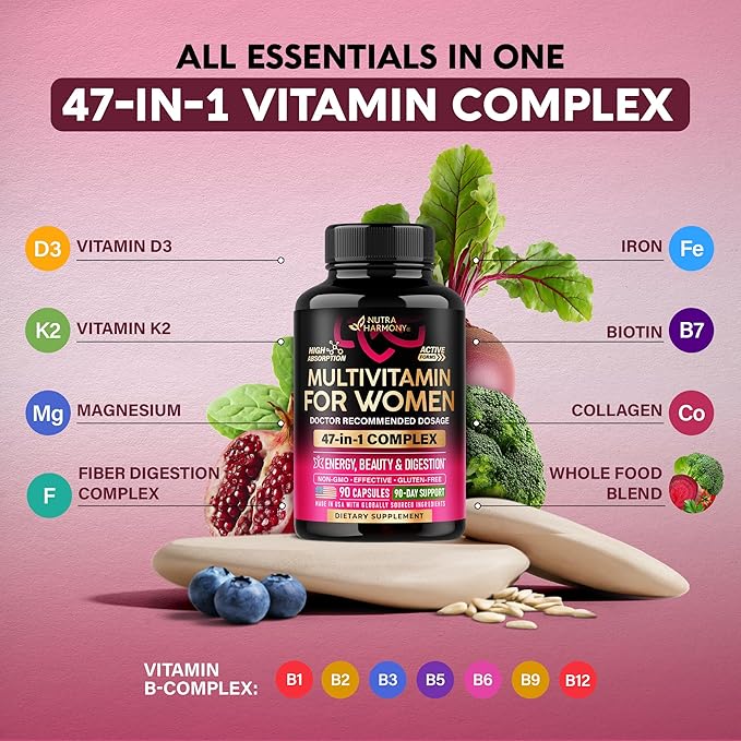 Multivitamin for Women - B-Complex | Whole Foods | Hair Growth Support | Digestion & Metabolism | Iron - 47in1 Womens Multivitamin - Bioavailable & Gentle on Stomach - Made in USA - 90 Capsules