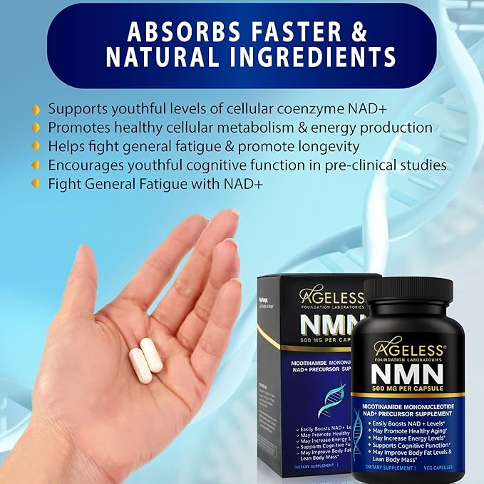 NMN Supplement 500mg – Nicotinamide Mononucleotide | Supports NAD+ Levels, Energy, Cognitive Function, Muscle Health & Healthy Body Composition Capsules (90)
