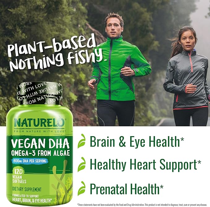 NATURELO Vegan DHA, Vegan Omega 3 Supplement, 120 Softgels, Supports Brain/Heart/Eye Health, Complements Prenatal Vitamins, Essential Fatty Acids, Omega 3 Supplement for Women & Men