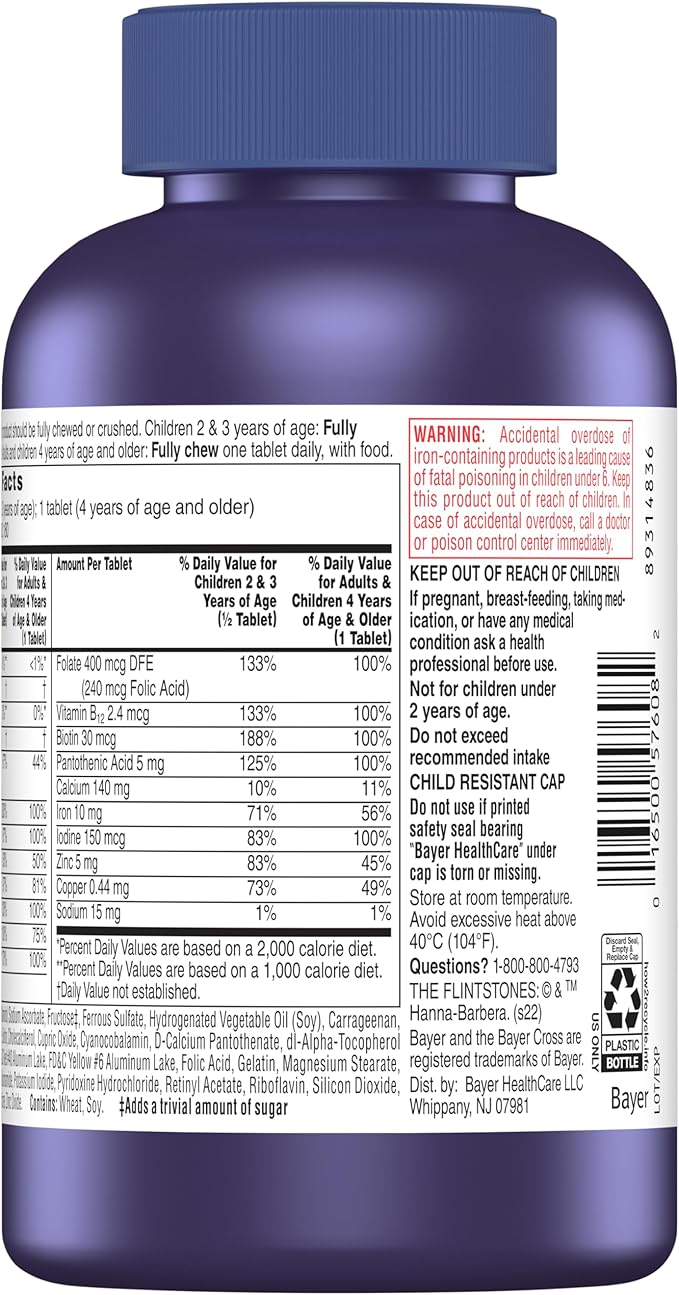 Flintstones Vitamins Chewable Kids Vitamins, Complete Multivitamin for Kids and Toddlers with Iron, Calcium, Vitamin C, Vitamin D & more, 180 count(Pack of 1)(Packaging May Vary)