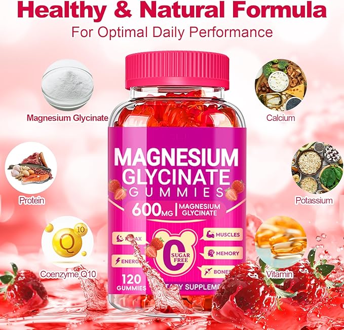 Magnesium Glycinate Gummies 600mg, Chewable Sugar Free Potassium Magnesium Gummies with Magnesium Glycinate, Vitamin D, B6, and CoQ10 for Zzz, Relaxation, Brain and Muscle, 60 Days Supply